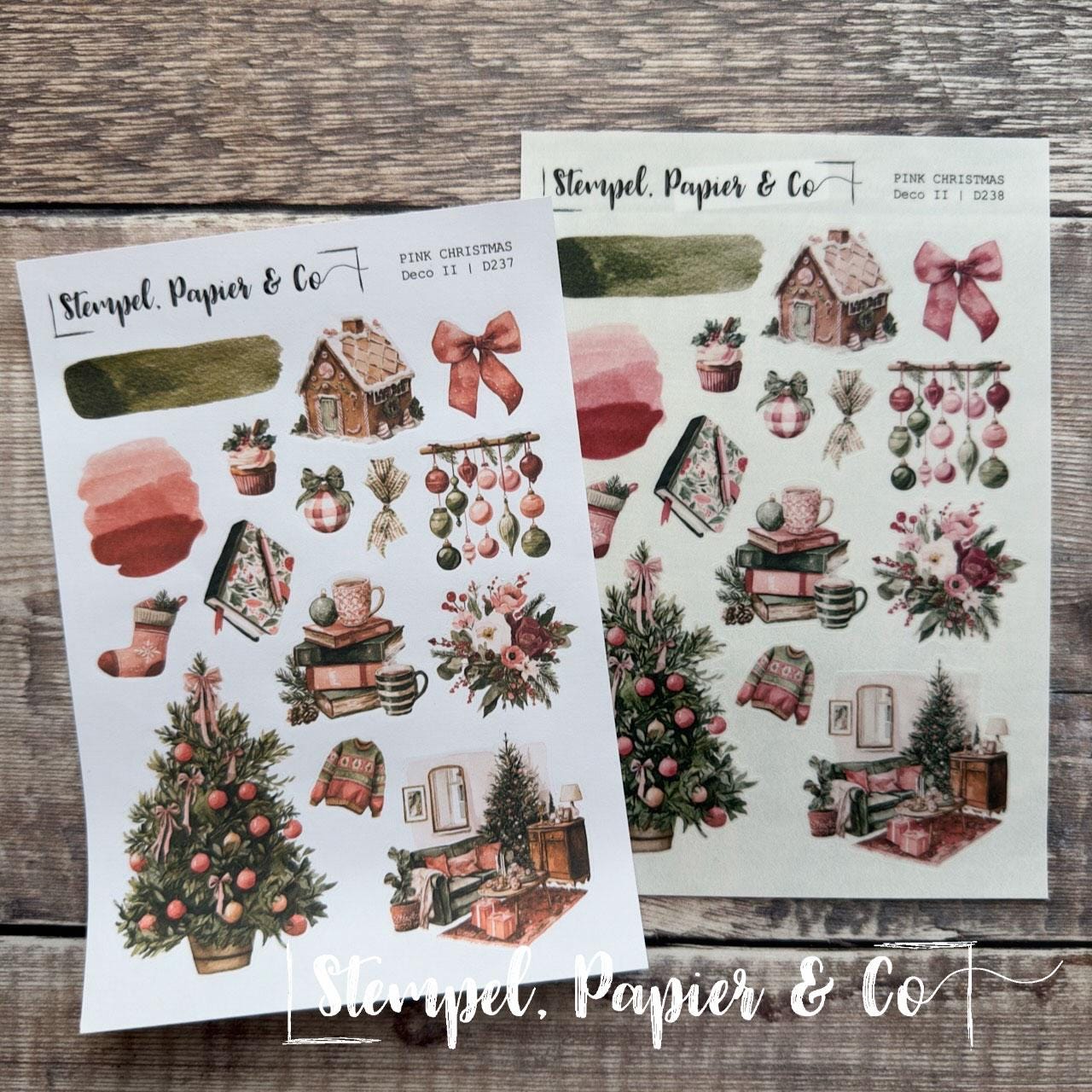 Stickerbogen Journaling Weihnachtsmotive in Pink und Grün, in zwei Varianten und als Set für Planer, Kalender und Bullet Journal