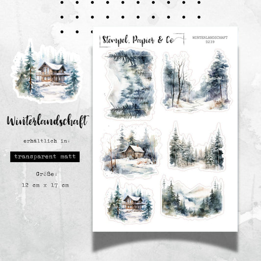 Stickerbogen Winterlandschaft, einzeln ablösbare Sticker in transparent matt zur Dekoration in Bullet Journal, Planer und Kalender