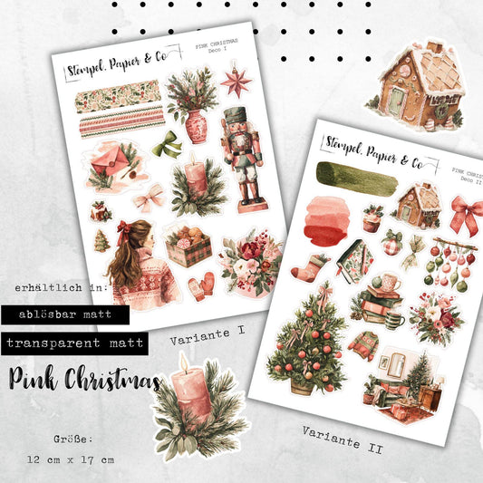 Stickerbogen Journaling Weihnachtsmotive in Pink und Grün, in zwei Varianten und als Set für Planer, Kalender und Bullet Journal