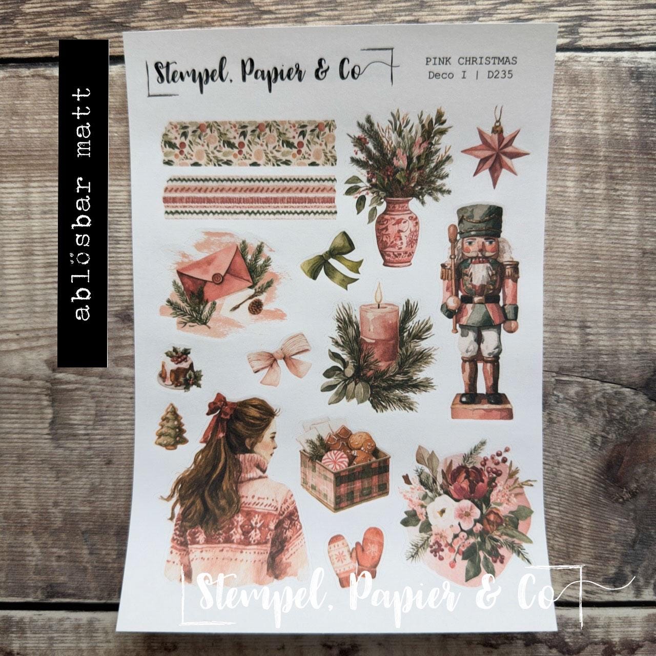 Stickerbogen Journaling Weihnachtsmotive in Pink und Grün, in zwei Varianten und als Set für Planer, Kalender und Bullet Journal
