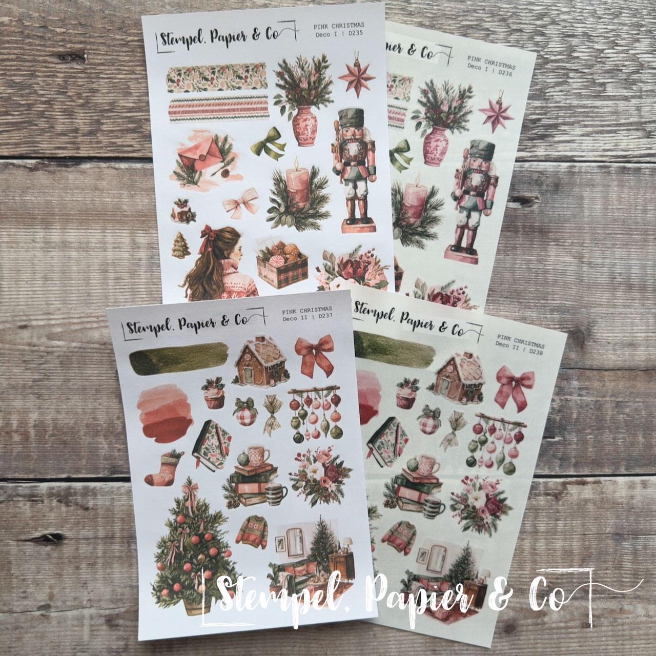 Stickerbogen Journaling Weihnachtsmotive in Pink und Grün, in zwei Varianten und als Set für Planer, Kalender und Bullet Journal
