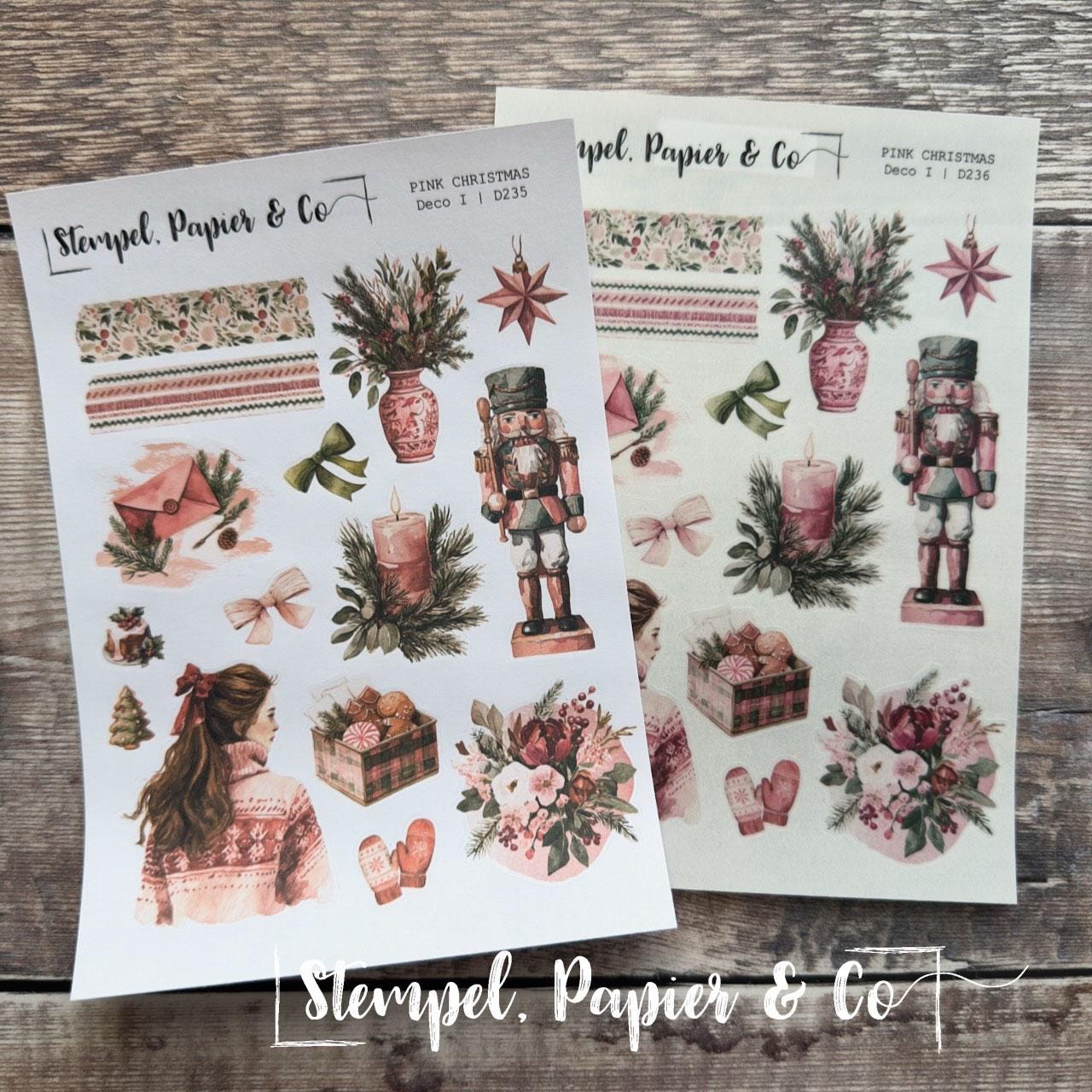 Stickerbogen Journaling Weihnachtsmotive in Pink und Grün, in zwei Varianten und als Set für Planer, Kalender und Bullet Journal
