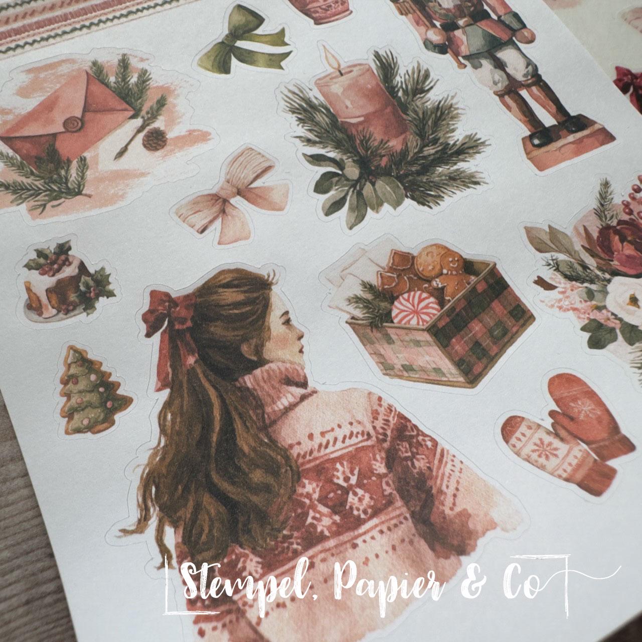 Stickerbogen Journaling Weihnachtsmotive in Pink und Grün, in zwei Varianten und als Set für Planer, Kalender und Bullet Journal