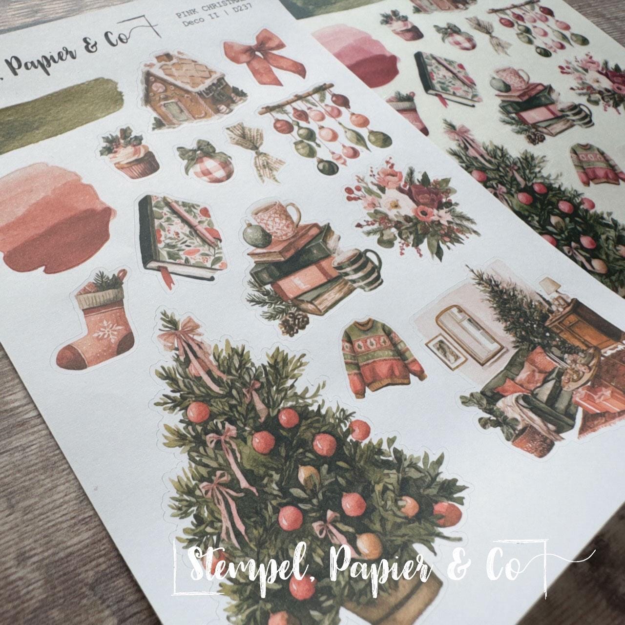 Stickerbogen Journaling Weihnachtsmotive in Pink und Grün, in zwei Varianten und als Set für Planer, Kalender und Bullet Journal