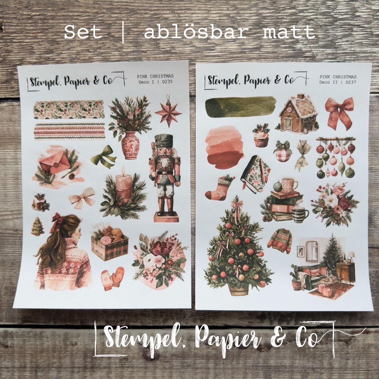 Stickerbogen Journaling Weihnachtsmotive in Pink und Grün, in zwei Varianten und als Set für Planer, Kalender und Bullet Journal