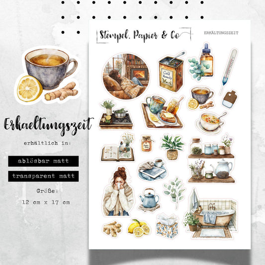 Stickerbogen Erkältungszeit, einzeln ablösbare Sticker in der Papiervariante weiß oder transparent matt für Bullet Journal, Planer, Kalender