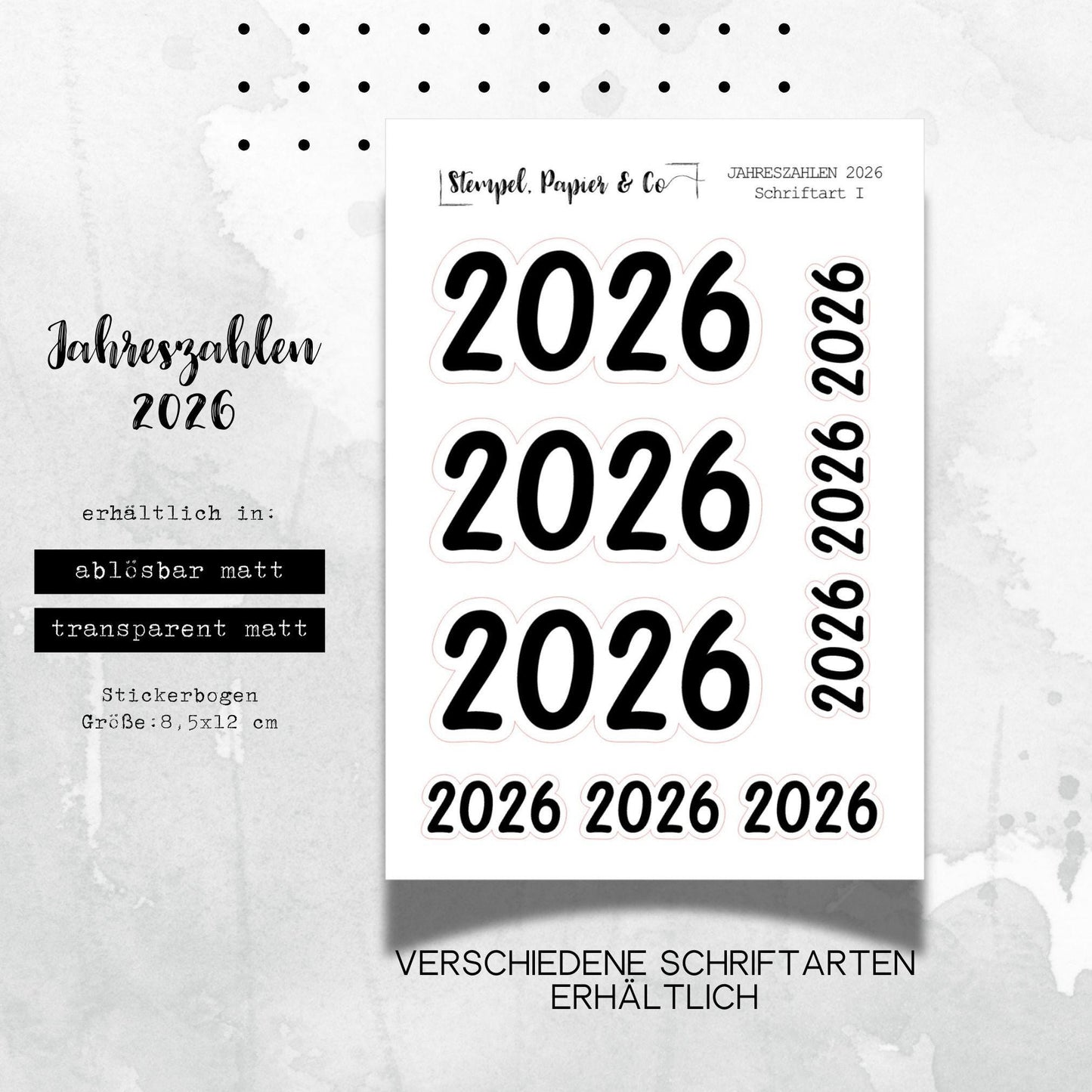 Stickerbogen Jahreszahlen 2026, einzeln ablösbare Sticker in zwei Papiervarianten sowie Schriftarten für Bullet Journal, Planer, Kalender