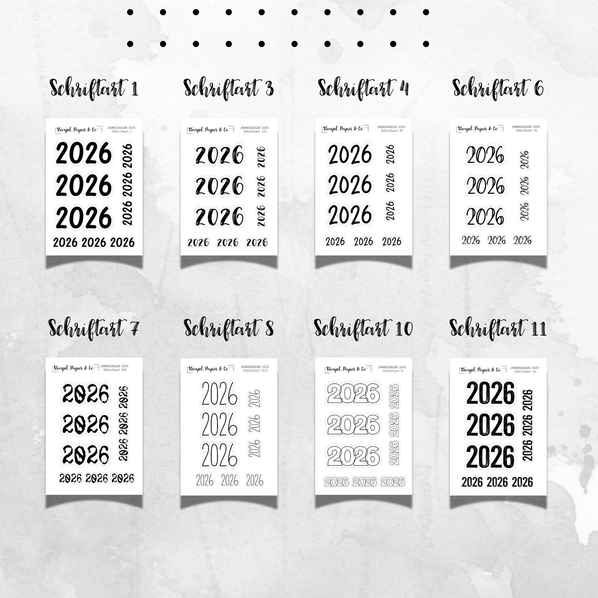 Stickerbogen Jahreszahlen 2026, einzeln ablösbare Sticker in zwei Papiervarianten sowie Schriftarten für Bullet Journal, Planer, Kalender