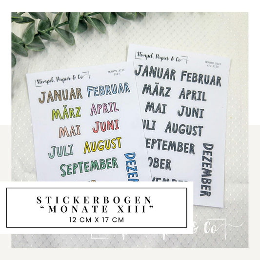 Stickerbogen Monate Januar bis Dezember, einzeln ablösbare Sticker, Schriftart 13, zwei Versionen für Bullet Journal, Planer und Kalender