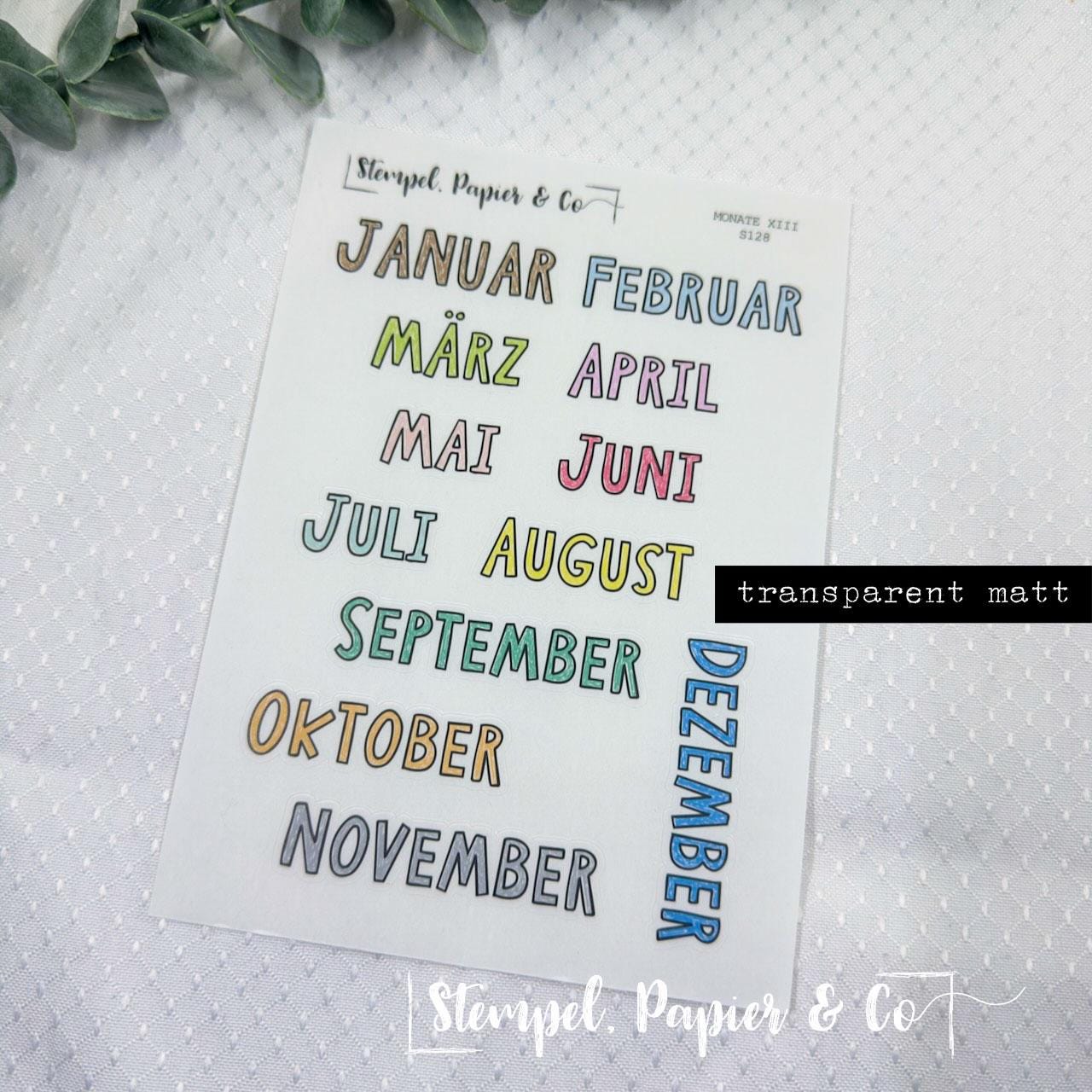 Stickerbogen Monate Januar bis Dezember, einzeln ablösbare Sticker, Schriftart 13, zwei Versionen für Bullet Journal, Planer und Kalender