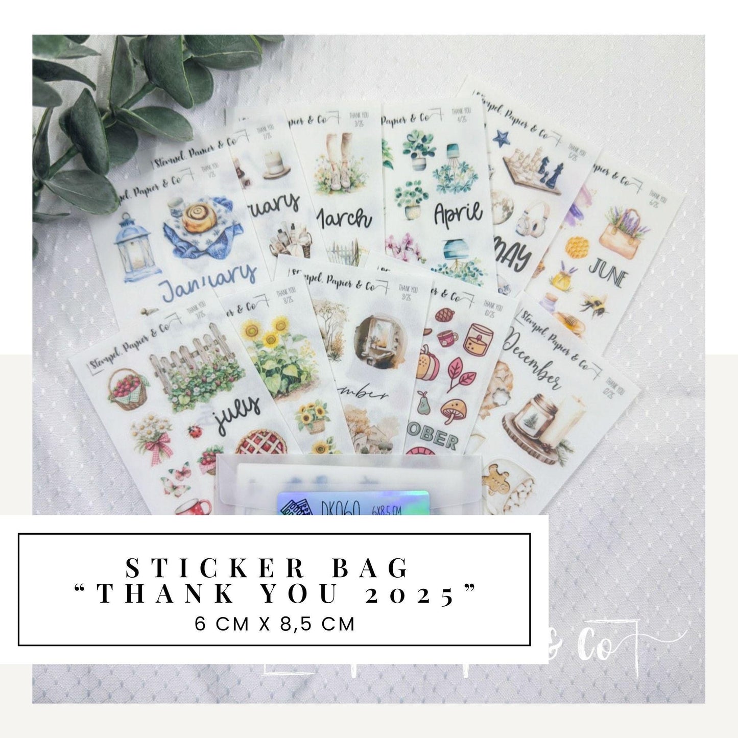 Stickertüte mit meinen 12 monatlichen Dankesstickerbögen aus 2025, von Januar bis Dezember, 6x8,5 cm Stickerbögen für Planer und Kalender