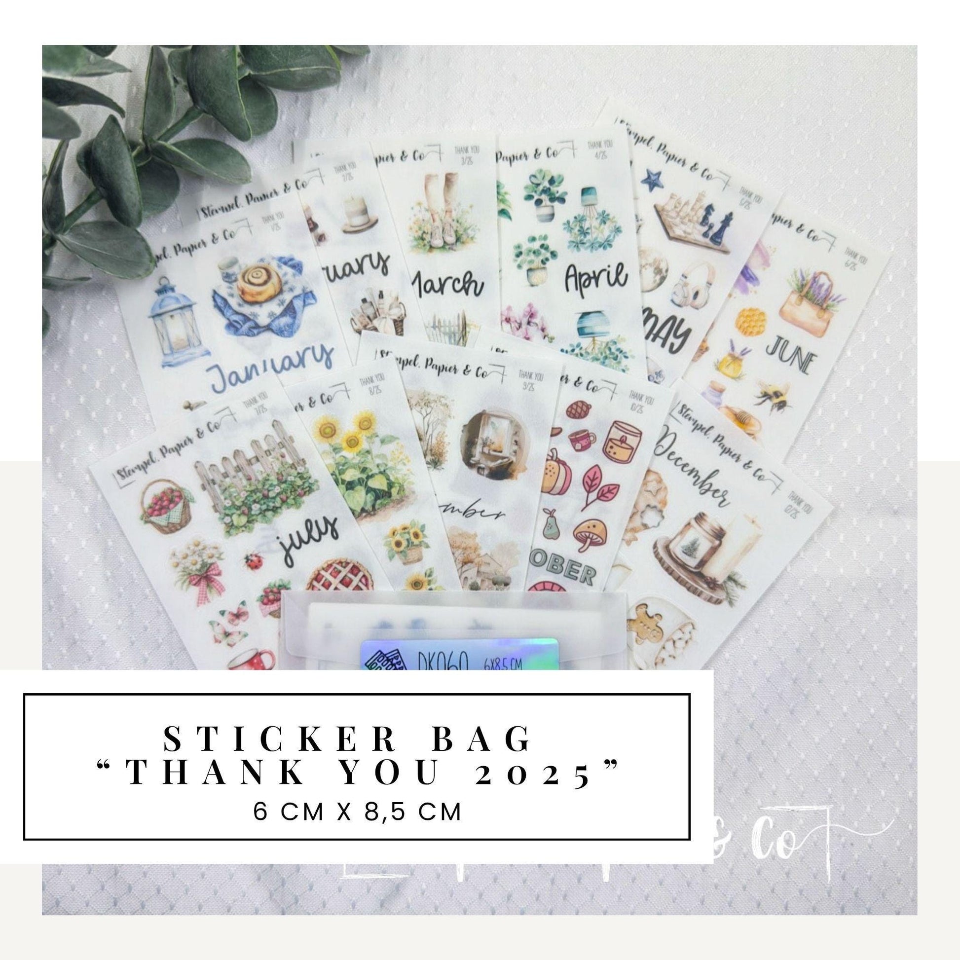 Stickertüte mit meinen 12 monatlichen Dankesstickerbögen aus 2025, von Januar bis Dezember, 6x8,5 cm Stickerbögen für Planer und Kalender