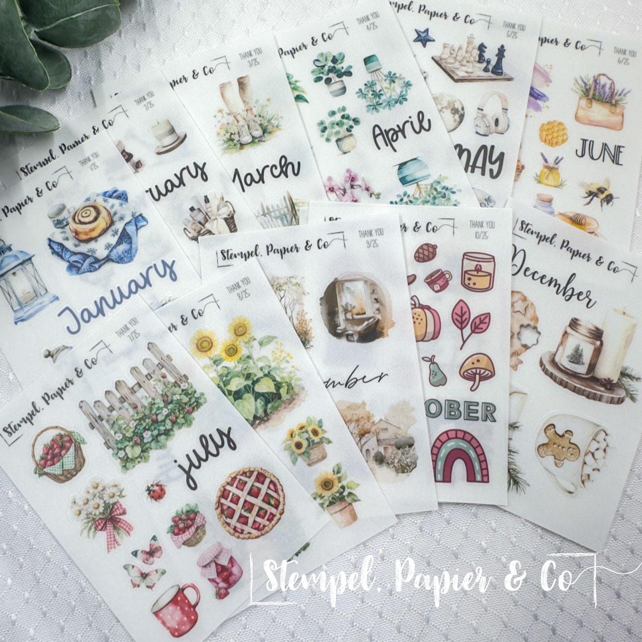 Stickertüte mit meinen 12 monatlichen Dankesstickerbögen aus 2025, von Januar bis Dezember, 6x8,5 cm Stickerbögen für Planer und Kalender