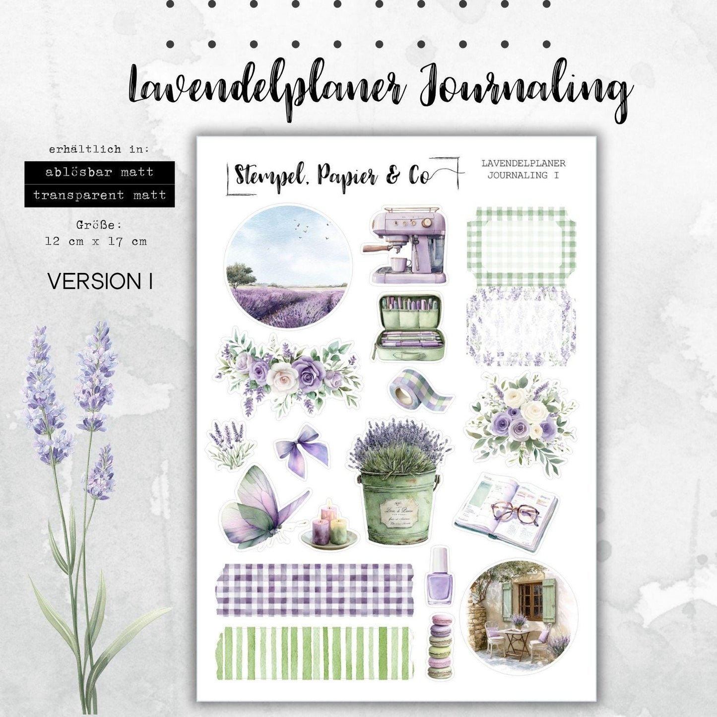 Stickerbogen Journaling Lavenderplaner für Planer, Kalender und Bullet Journal, in zwei Varianten sowie als Set