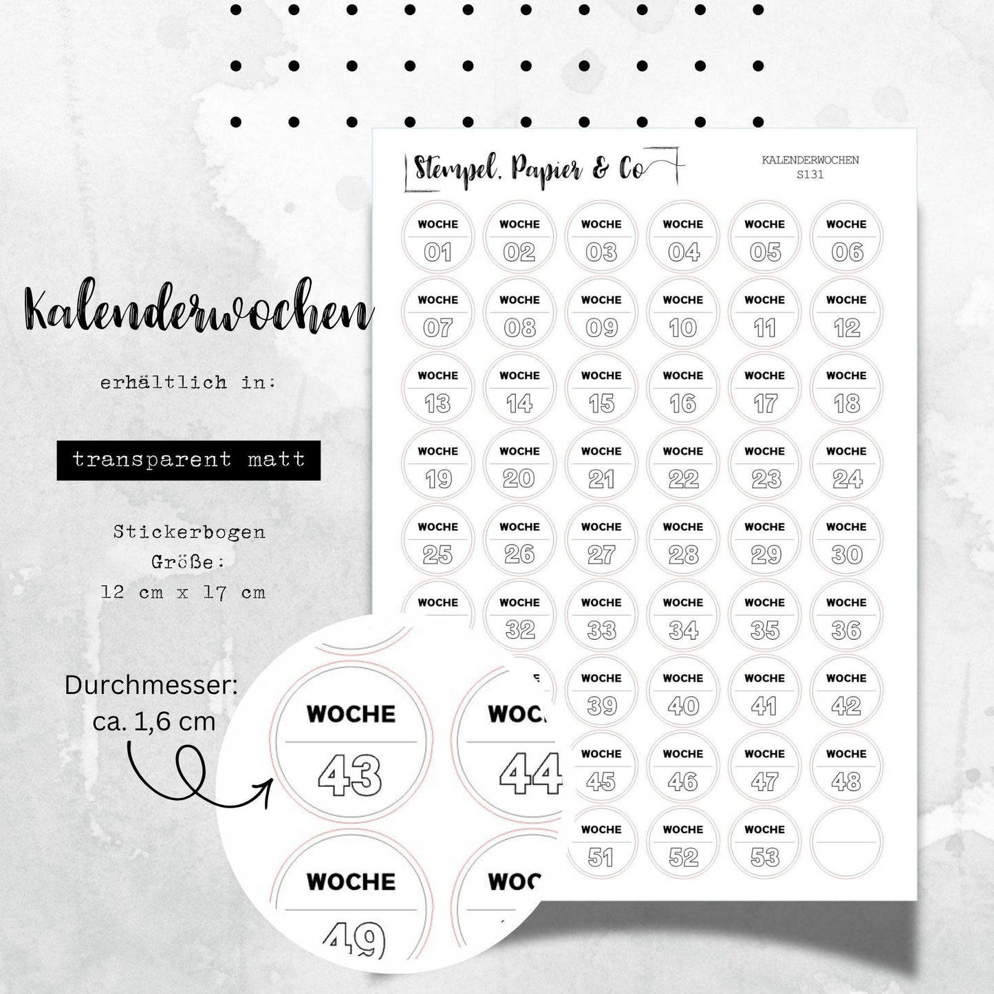 Stickerbogen Kalenderwochen, runde, einzeln ablösbare Sticker mit den Wochen von 1 bis 53 für Bullet Journal, Planer und Kalender