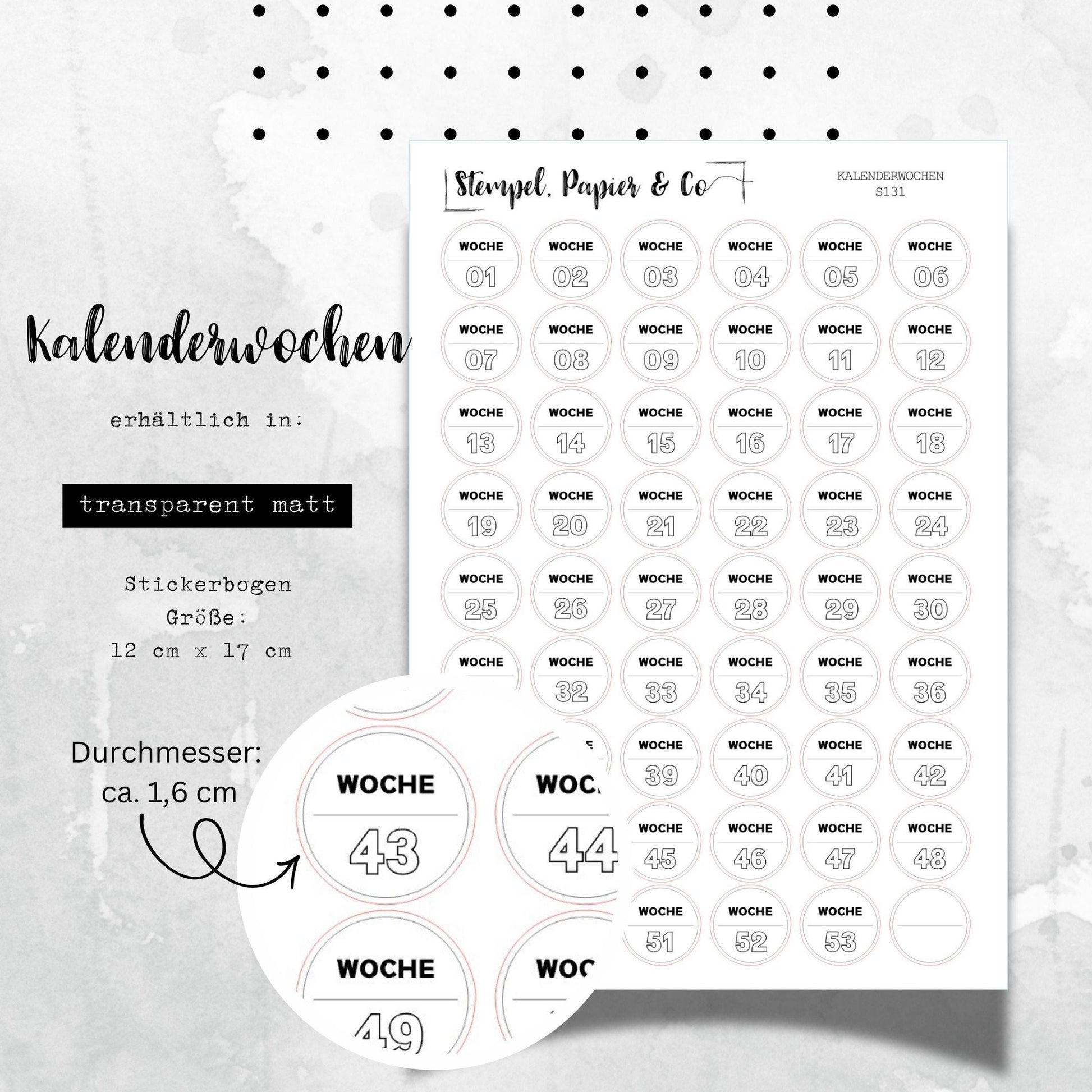 Stickerbogen Kalenderwochen, runde, einzeln ablösbare Sticker mit den Wochen von 1 bis 53 für Bullet Journal, Planer und Kalender