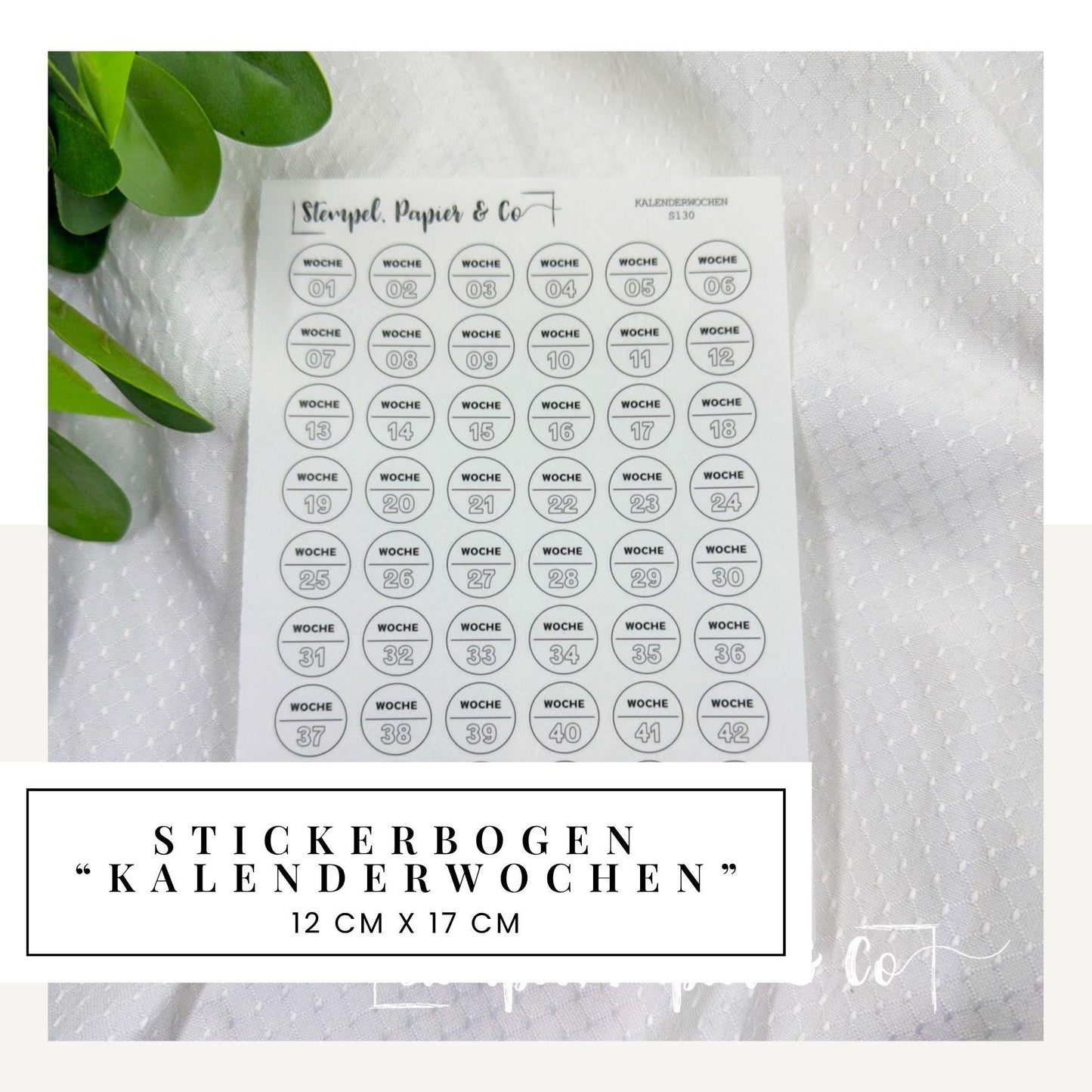 Stickerbogen Kalenderwochen, runde, einzeln ablösbare Sticker mit den Wochen von 1 bis 53 für Bullet Journal, Planer und Kalender