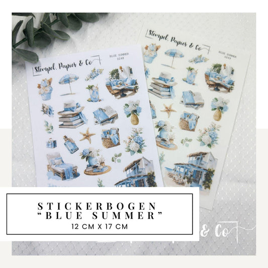 Stickerbogen Blauer Sommer, einzeln ablösbare Sticker in der Papiervariante weiß oder transparent matt für Bullet Journal, Planer, Kalender