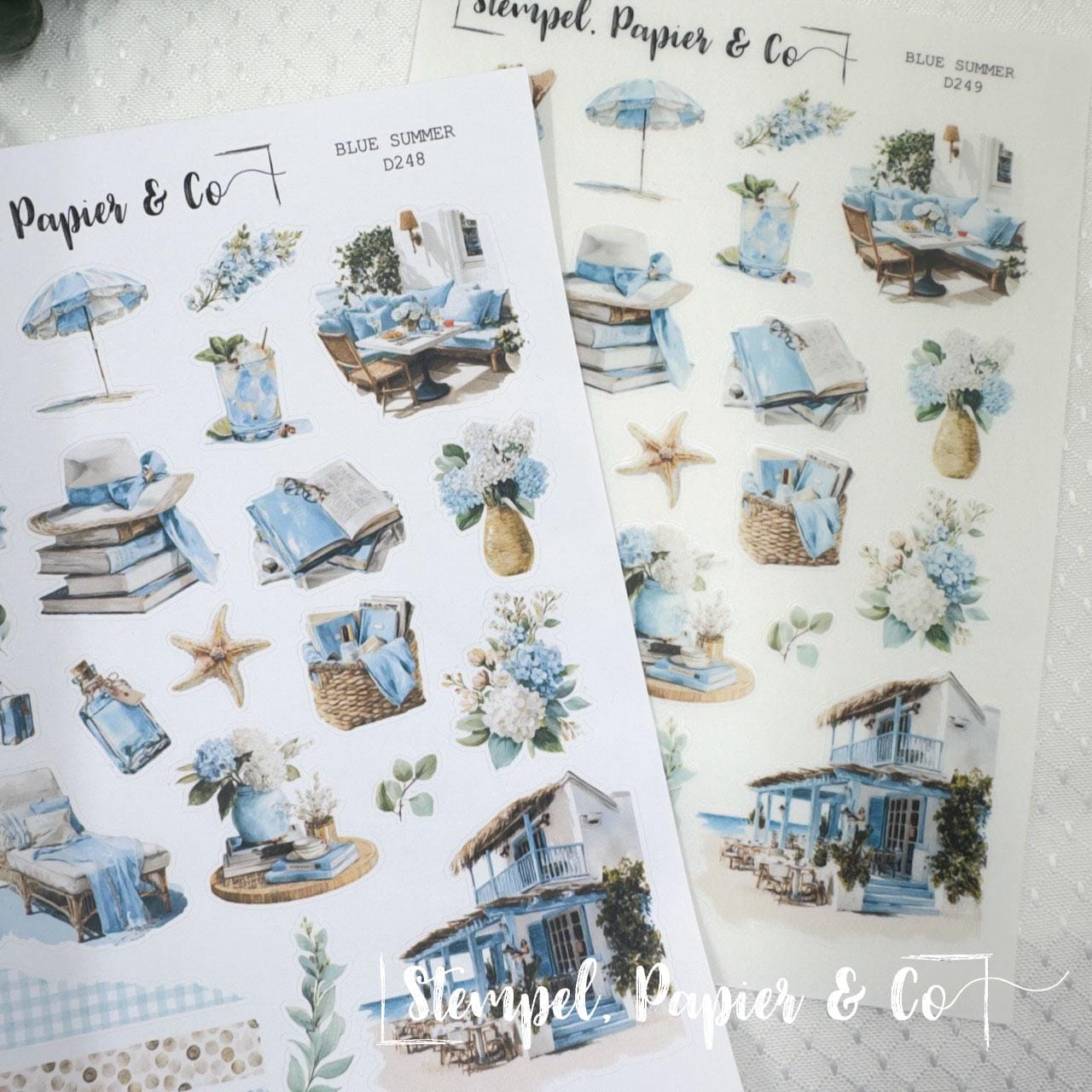 Stickerbogen Blauer Sommer, einzeln ablösbare Sticker in der Papiervariante weiß oder transparent matt für Bullet Journal, Planer, Kalender