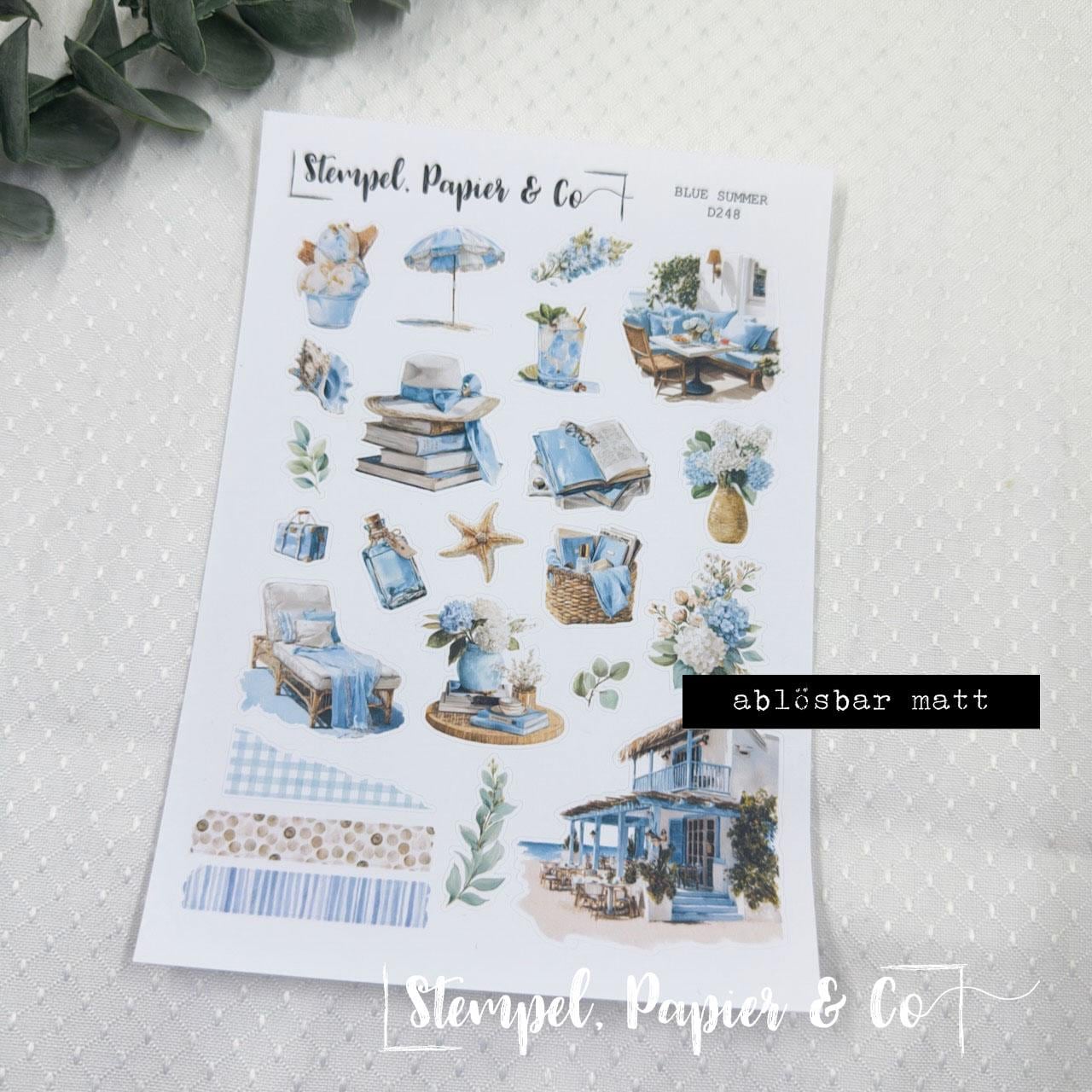 Stickerbogen Blauer Sommer, einzeln ablösbare Sticker in der Papiervariante weiß oder transparent matt für Bullet Journal, Planer, Kalender