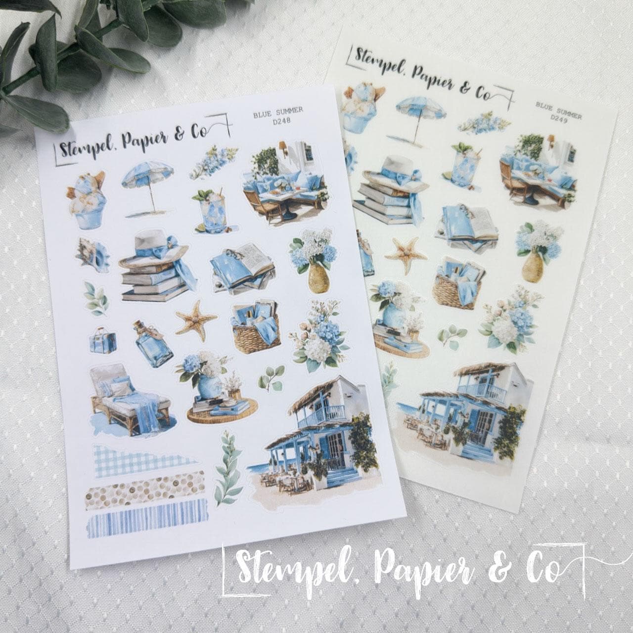 Stickerbogen Blauer Sommer, einzeln ablösbare Sticker in der Papiervariante weiß oder transparent matt für Bullet Journal, Planer, Kalender