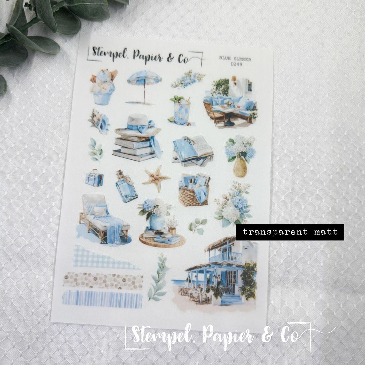 Stickerbogen Blauer Sommer, einzeln ablösbare Sticker in der Papiervariante weiß oder transparent matt für Bullet Journal, Planer, Kalender