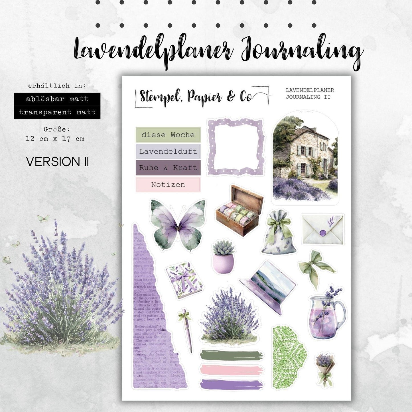 Stickerbogen Journaling Lavenderplaner für Planer, Kalender und Bullet Journal, in zwei Varianten sowie als Set