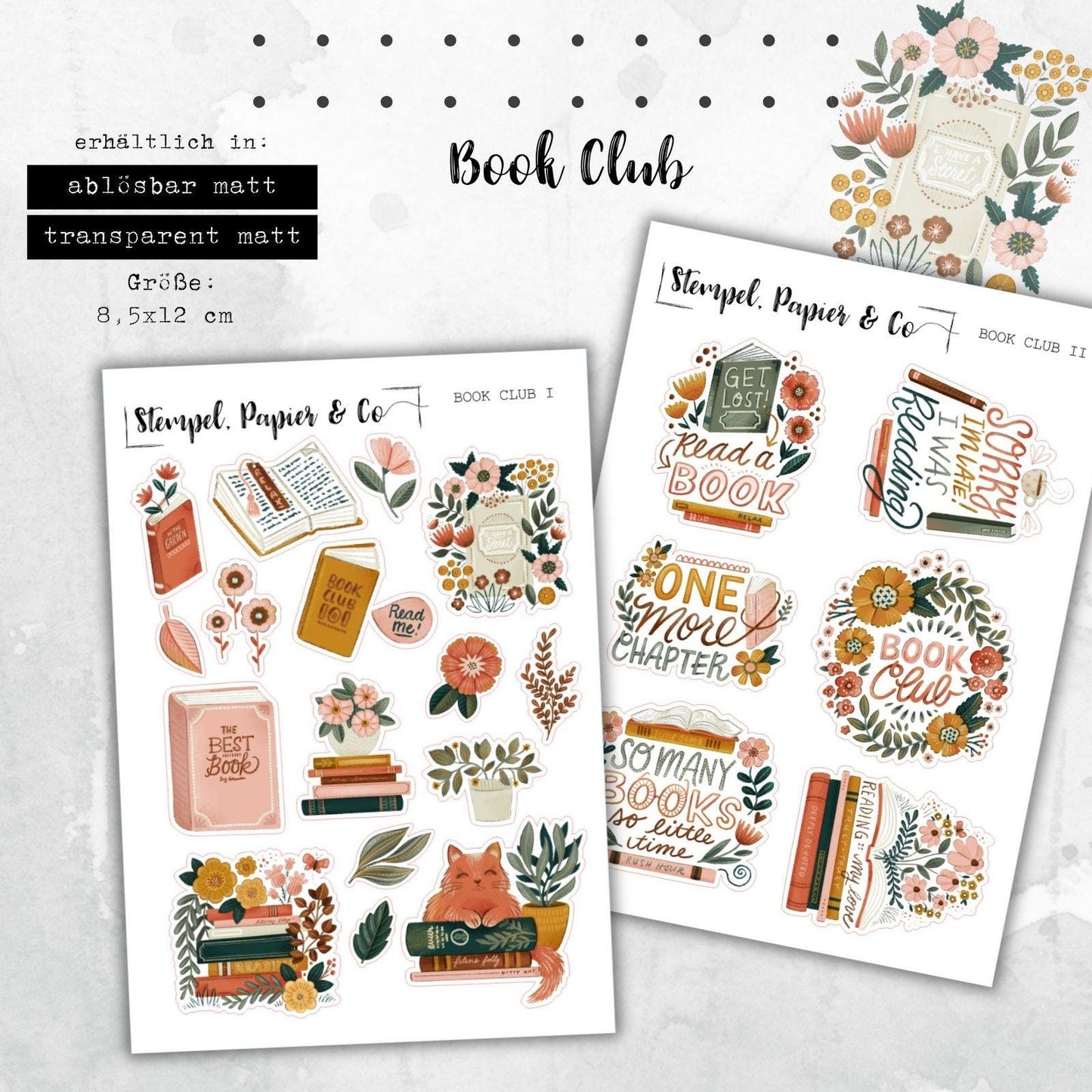 Stickerbogen mit Büchern und Blumen für Leseratten