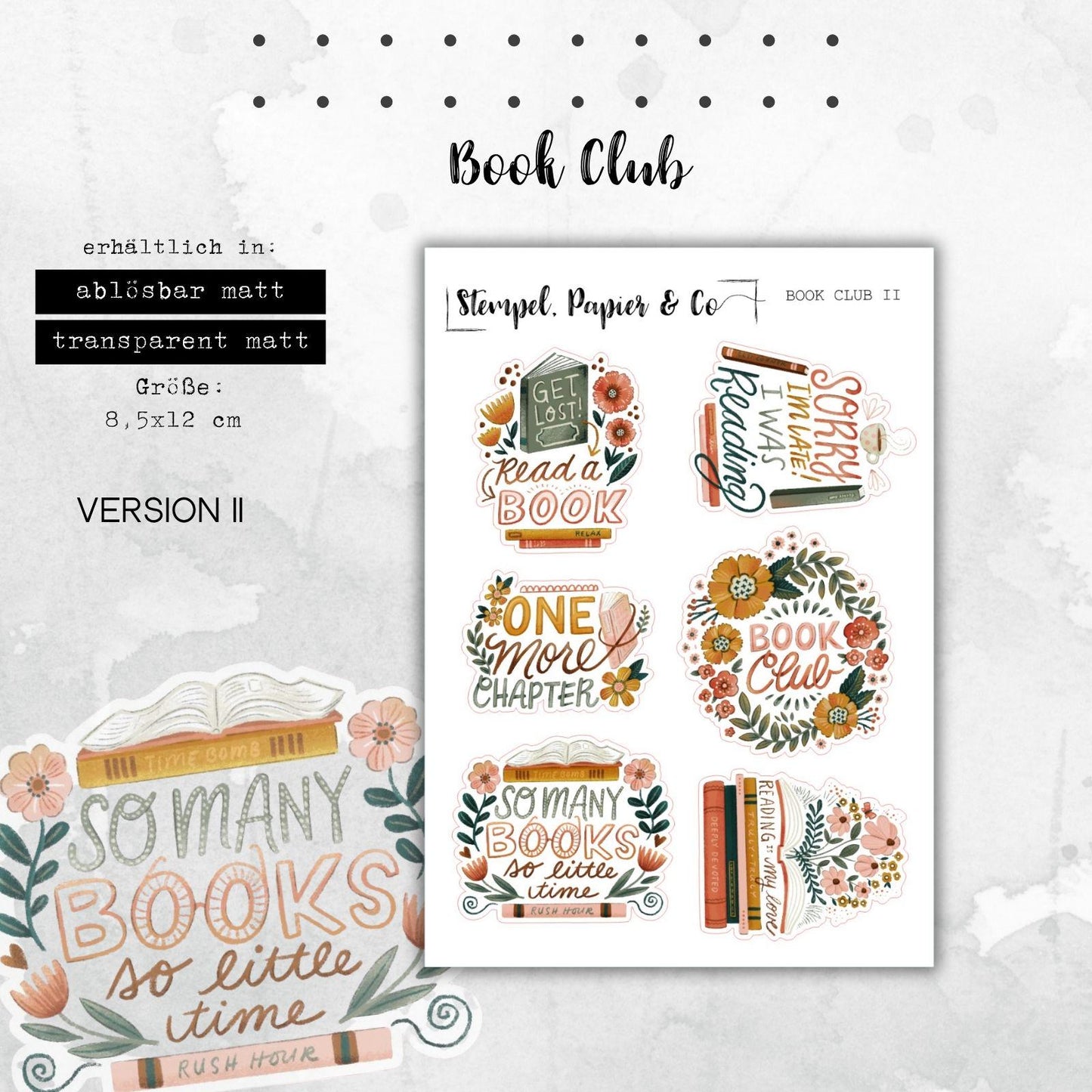 Stickerbogen Buchklub, Bücherklub für Planer, Kalender und Bullet Journal, in zwei Varianten sowie als Set