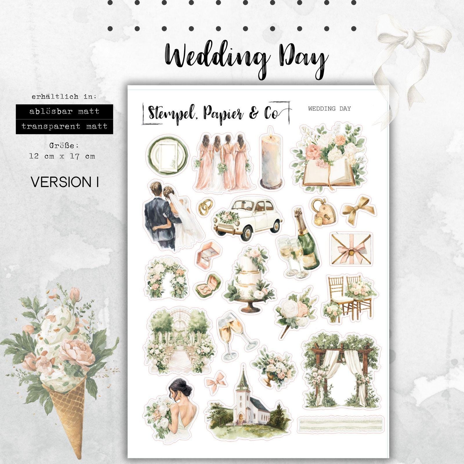 Stickerbogen Hochzeitstag für Planer, Kalender und Bullet Journal, in zwei Varianten sowie als Set in transparent mattt oder weiß matt