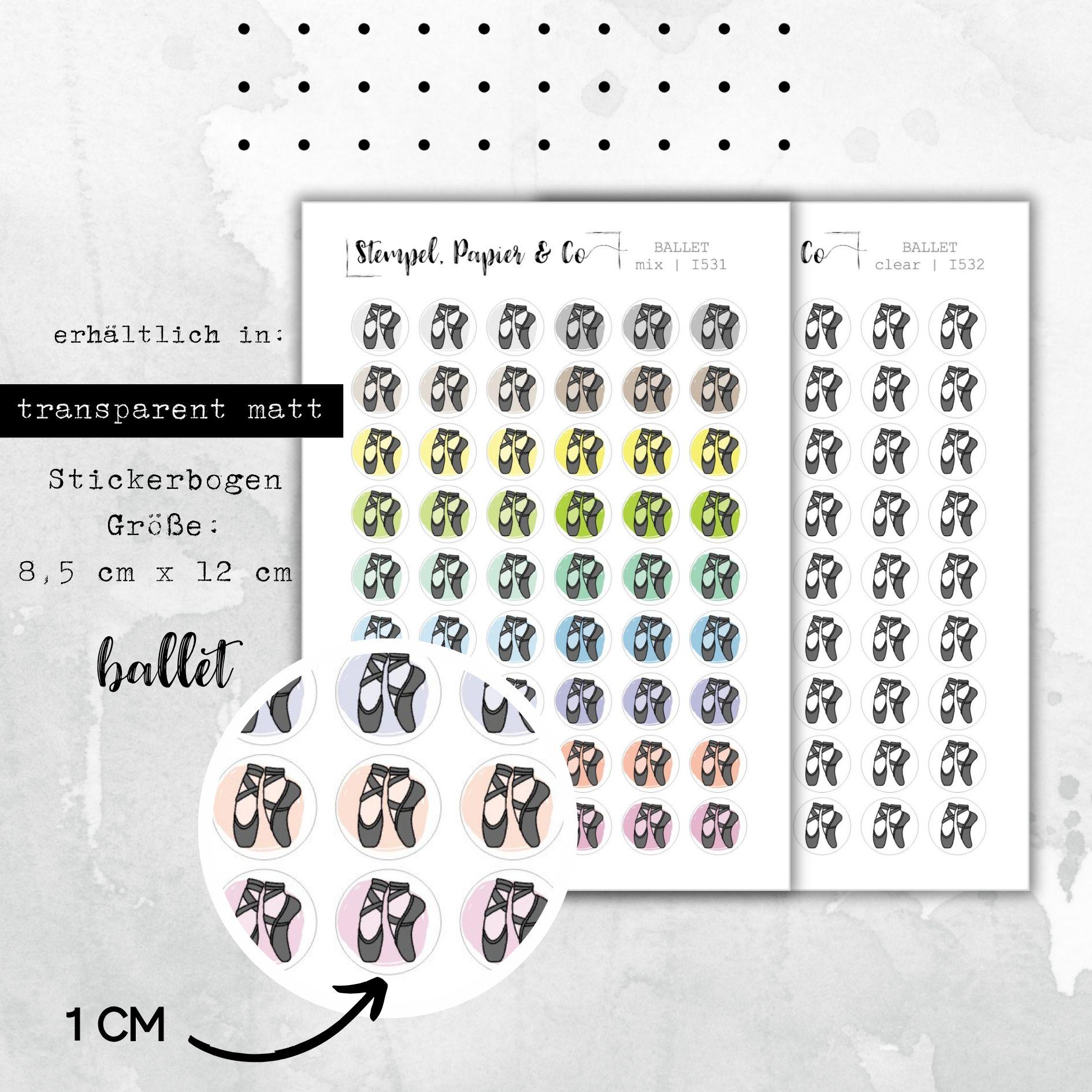 Stickerbogen Ballett, Ballettschuhe - kreisrunde Sticker in transparent matt, farbig oder klar für Bullet Journal, Planer und Kalender