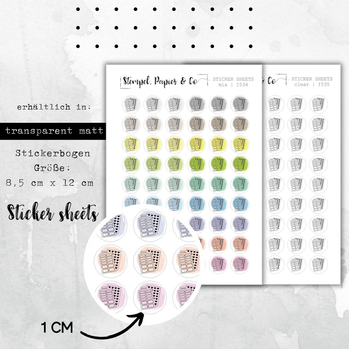 Stickerbogen mit Stickerbögen Symbol - kreisrunde Sticker in transparent matt, farbig oder klar für Bullet Journal, Planer und Kalender