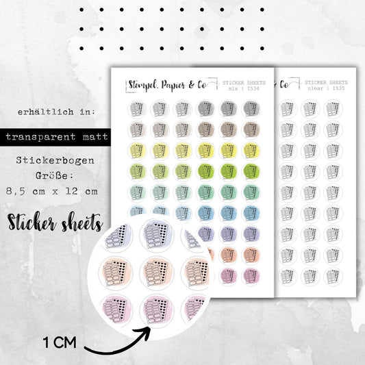 Stickerbogen mit Stickerbögen Symbol - kreisrunde Sticker in transparent matt, farbig oder klar für Bullet Journal, Planer und Kalender