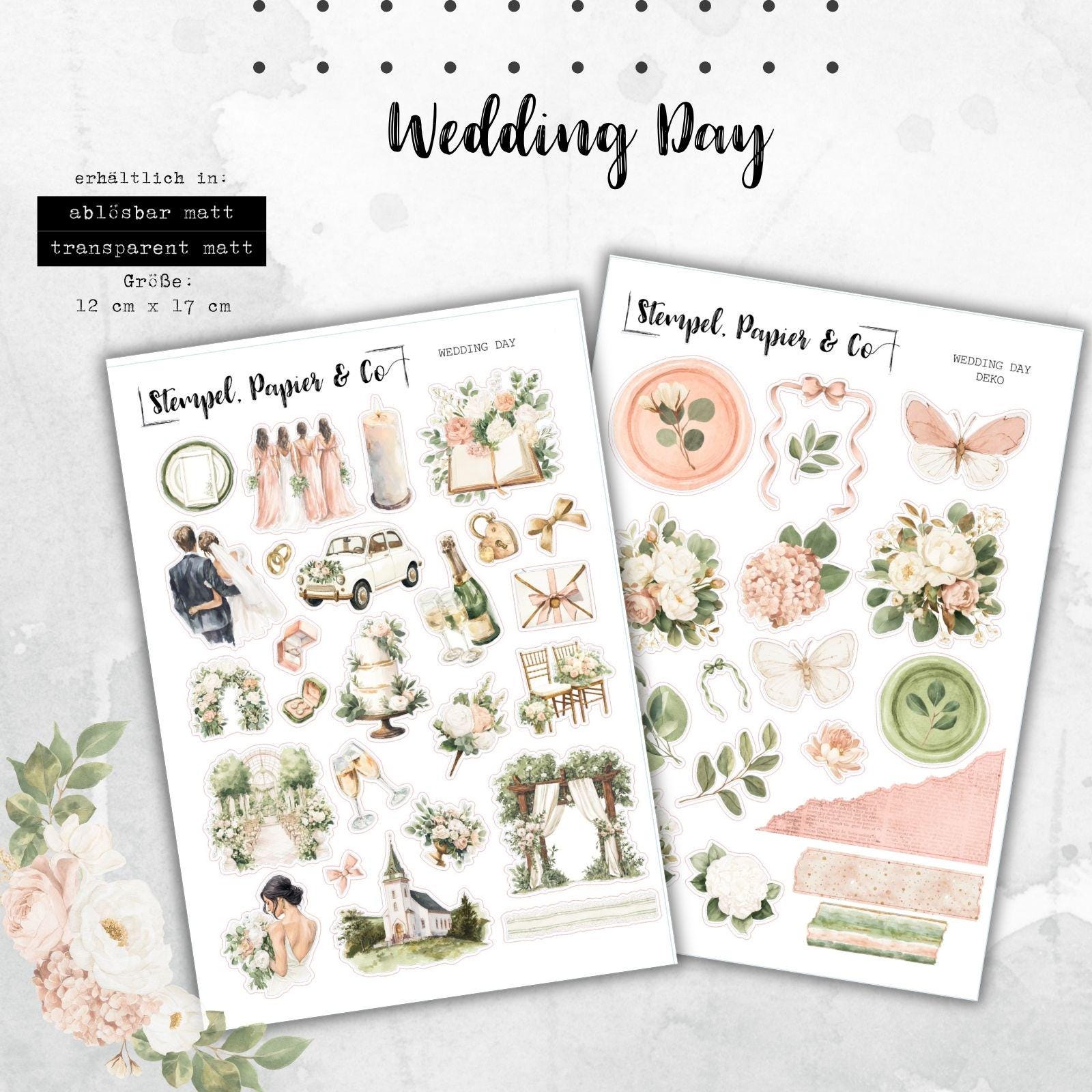 Stickerbogen Hochzeitstag für Planer, Kalender und Bullet Journal, in zwei Varianten sowie als Set in transparent mattt oder weiß matt