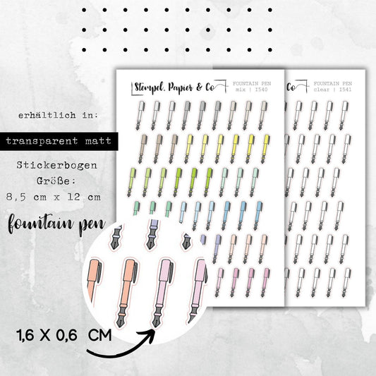 Stickerbogen Füller, Füllfederhalter, einzeln ablösbare Sticker transparent matt, farbig oder klar für Bullet Journal, Planer und Kalender