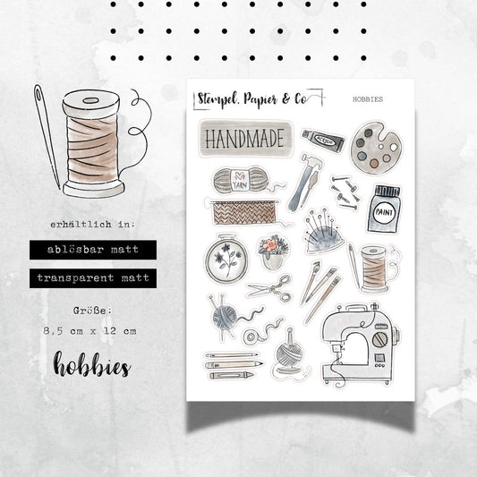 Stickerbogen Hobbys zum Nähen, Werkeln und mehr einzeln ablösbare Aufkleber für Bullet Journal, Planer und Kalender