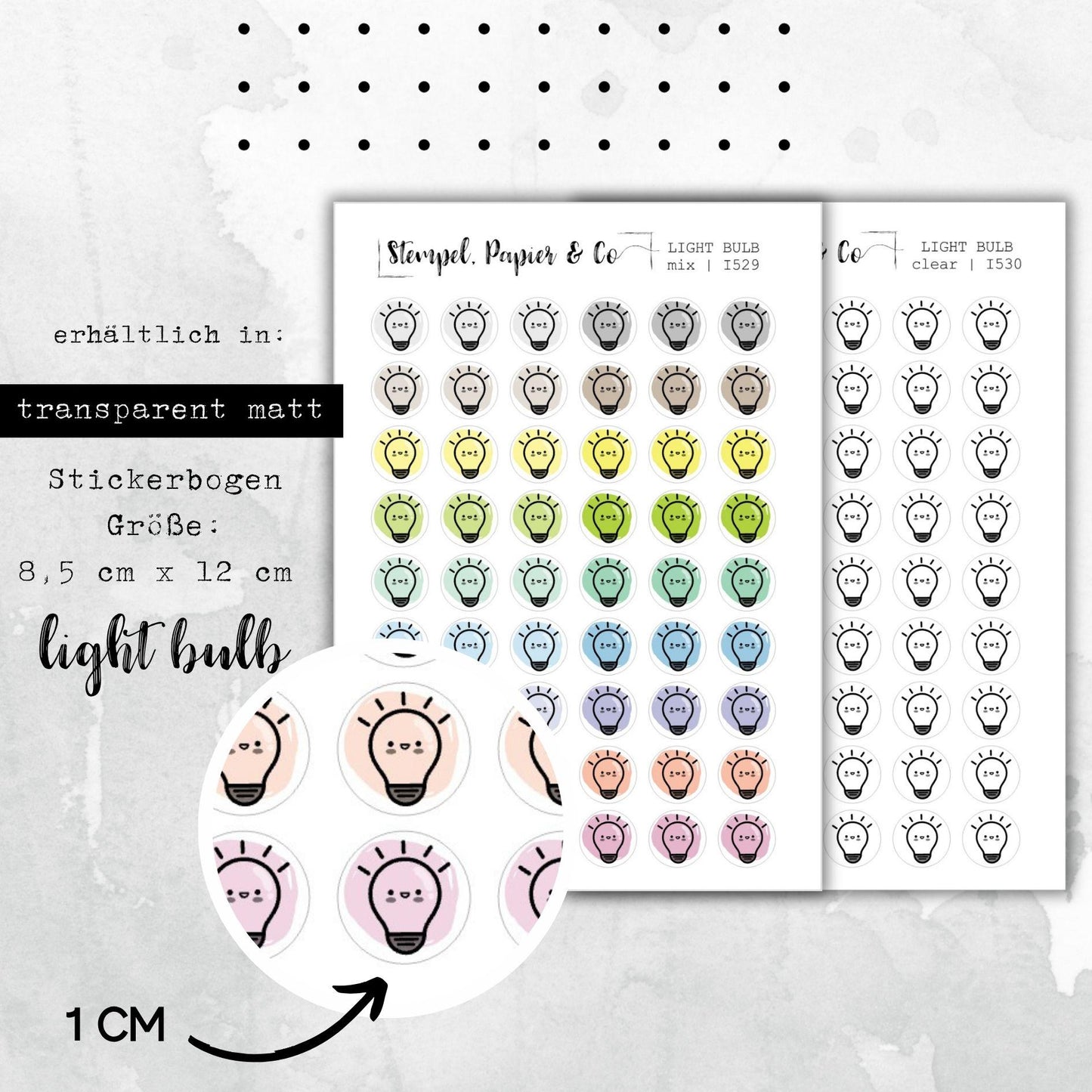 Stickerbogen mit Glühbirne Symbolen - kreisrunde Sticker in transparent matt, farbig oder klar, für Bullet Journal, Planer und Kalender