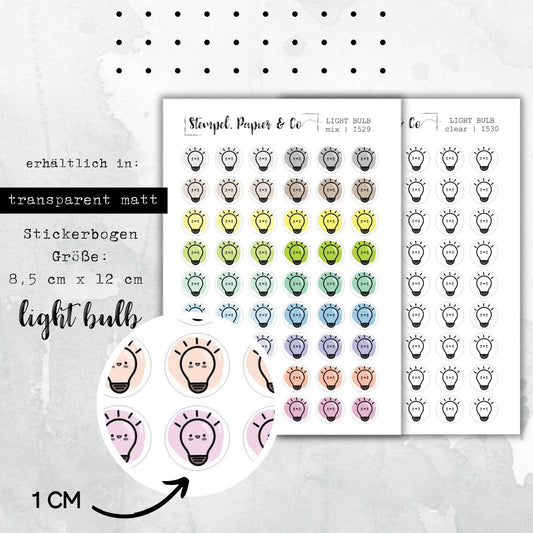 Stickerbogen mit Glühbirne Symbolen - kreisrunde Sticker in transparent matt, farbig oder klar, für Bullet Journal, Planer und Kalender