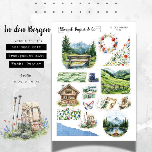 Stickerbogen In den Bergen, sommerliche Aufkleber, einzeln ablösbare Sticker in der Papiervariante weiß, transparent oder Washi für Kalender