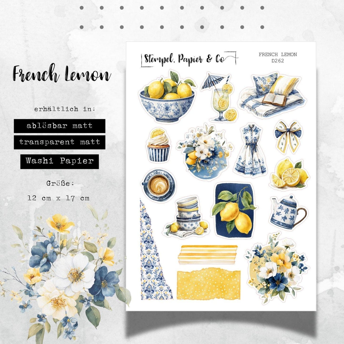 Stickerbogen mit Zitronen-Design, einzeln ablösbare Sticker in der Papiervariante weiß, transparent oder Washi für Kalender oder Planer