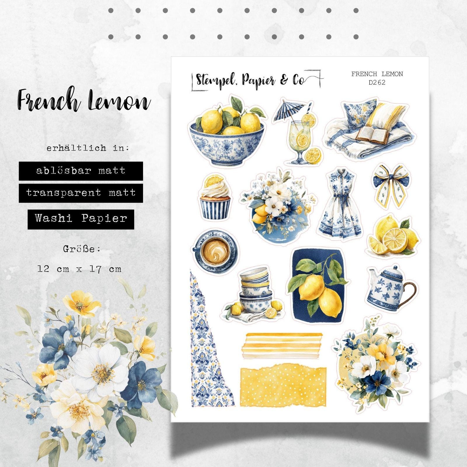 Stickerbogen mit Zitronen-Design, einzeln ablösbare Sticker in der Papiervariante weiß, transparent oder Washi für Kalender oder Planer