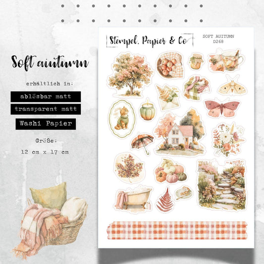 Stickerbogen Sanfte Herbsttöne, einzeln ablösbare Sticker in der Papiervariante weiß, transparent oder Washi für Kalender