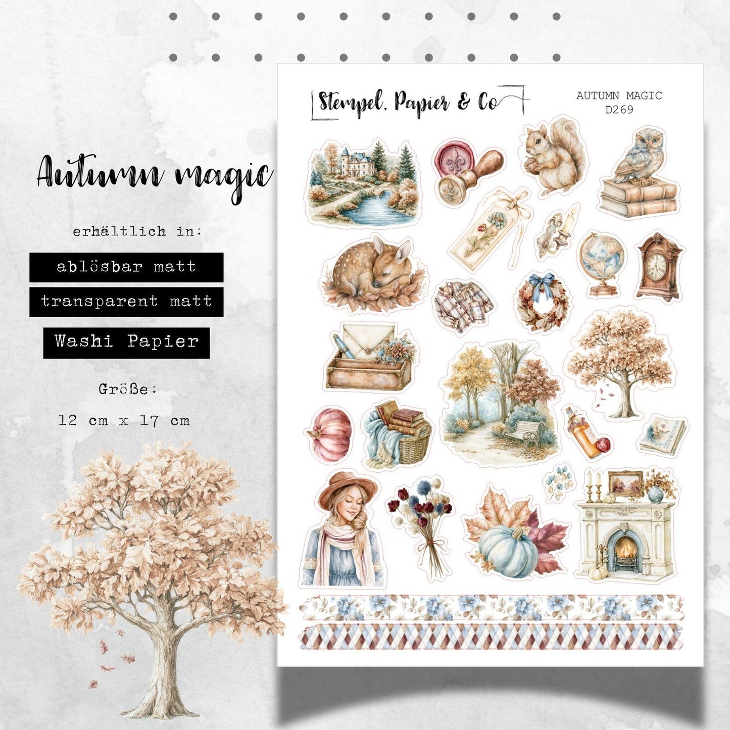 Stickerbogen Herbstzauber, einzeln ablösbare Sticker in der Papiervariante weiß, transparent oder Washi für Kalender