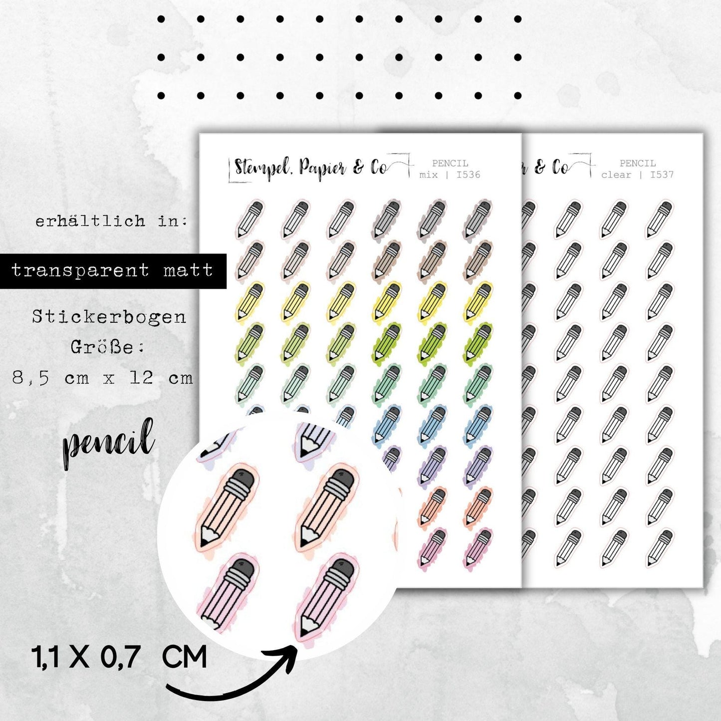 Stickerbogen Bleistift, Stift, einzeln ablösbare Sticker in transparent matt, farbig oder klar für Bullet Journal, Planer und Kalender