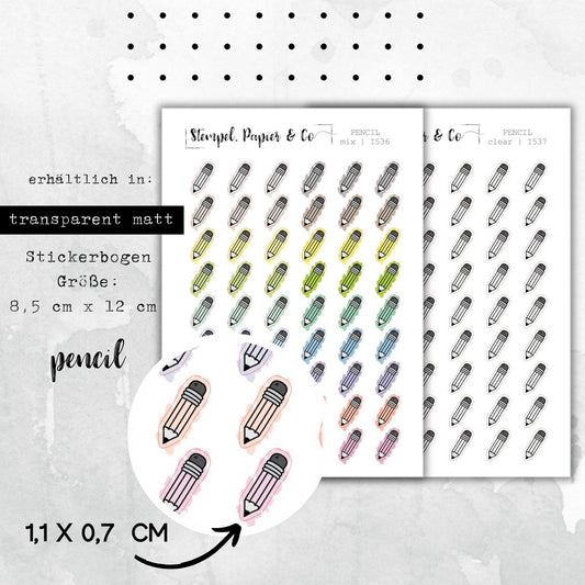 Stickerbogen Bleistift, Stift, einzeln ablösbare Sticker in transparent matt, farbig oder klar für Bullet Journal, Planer und Kalender