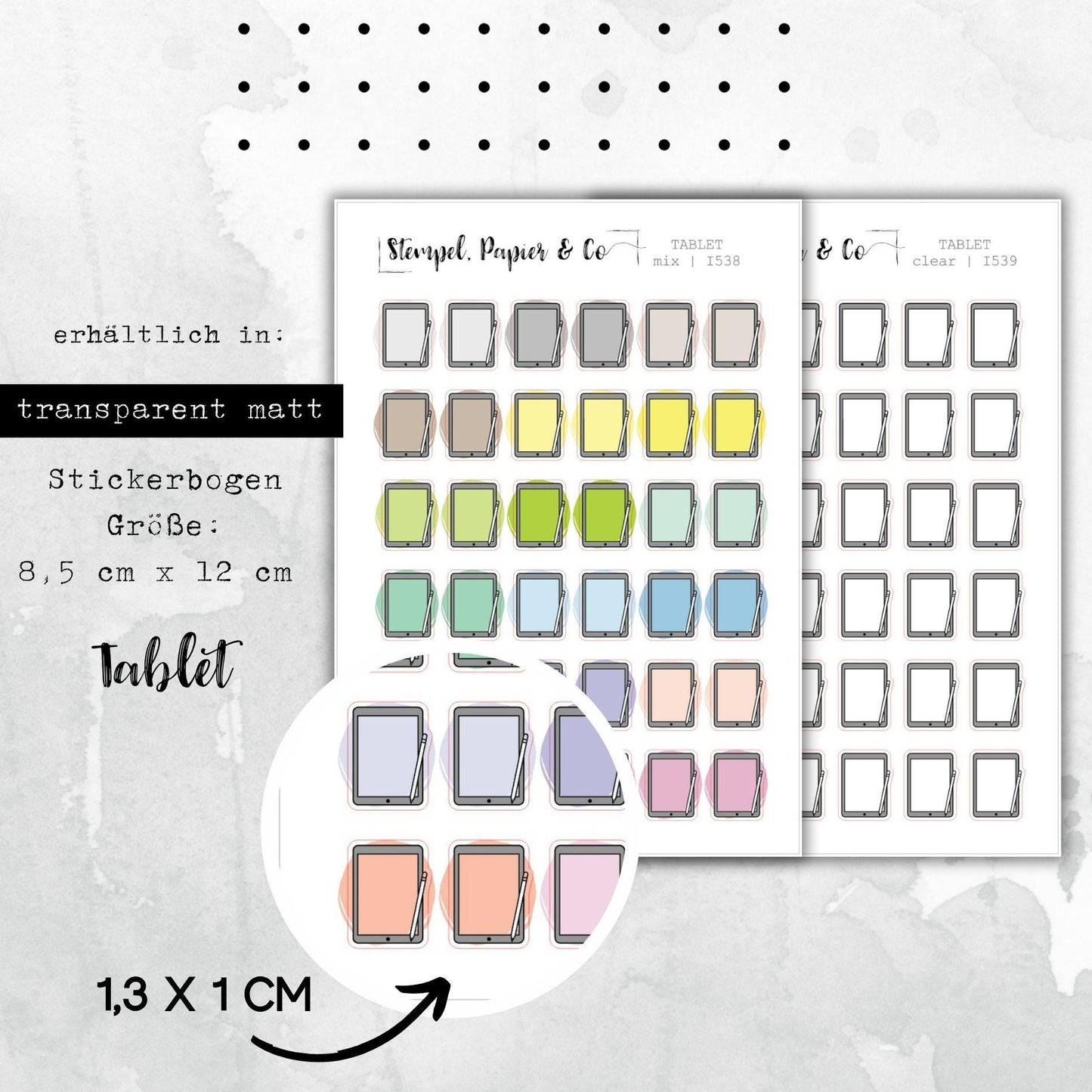 Stickerbogen mit Tablet Symbolen in transparent matt, farbig oder klar für Bullet Journal, Planer und Kalender
