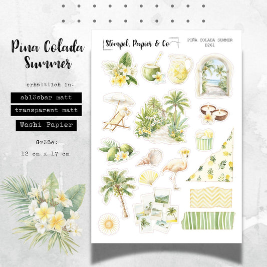 Stickerbogen Pina Colada Sommer, einzeln ablösbare Sticker in der Papiervariante weiß, transparent oder Washi für Kalender