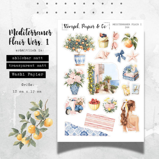 Stickerbogen Mediterraner Flair Vers. 1, einzeln ablösbare Sticker in der Papiervariante weiß, transparent oder Washi für Kalender, Planer