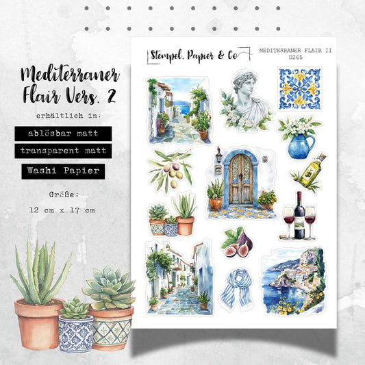 Stickerbogen Mediterraner Flair Vers. 2, einzeln ablösbare Sticker in der Papiervariante weiß, transparent oder Washi für Kalender, Planer