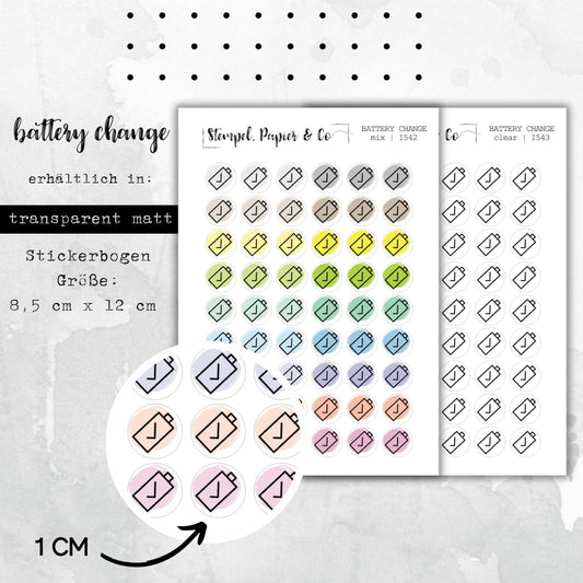 Stickerbogen mit Batterie Symbol - kreisrunde Sticker in transparent matt, farbig oder klar für Bullet Journal, Planer und Kalender